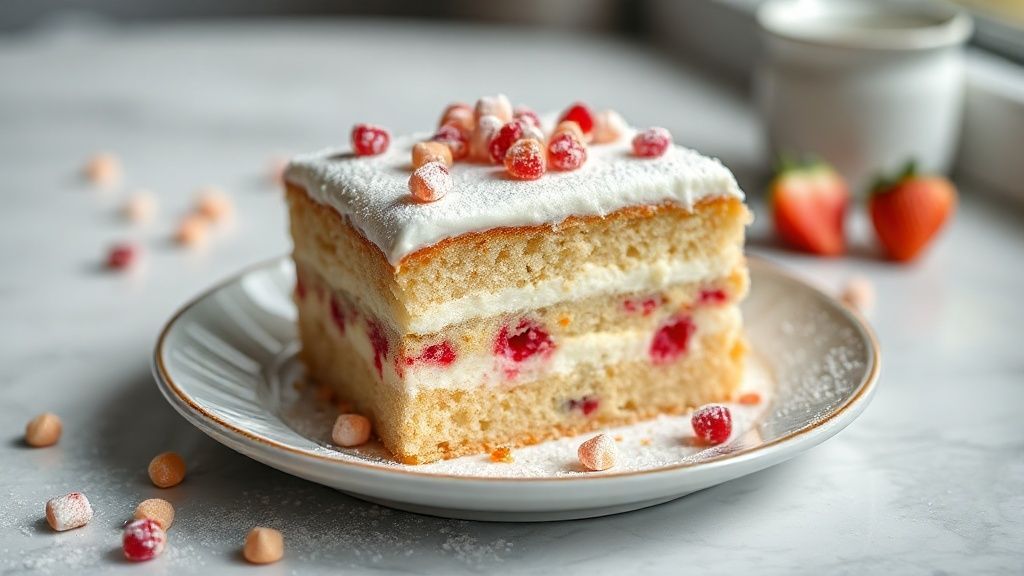 Bolo fini com leite ninho decorado com balas coloridas, textura cremosa e aparência divertida