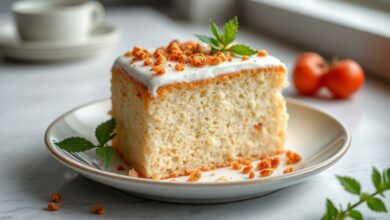 Bolo dourado, leve e aerado, com fatia servida em prato branco e fundo aconchegante, ideal para o café da tarde