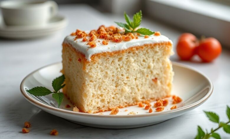 Bolo dourado, leve e aerado, com fatia servida em prato branco e fundo aconchegante, ideal para o café da tarde