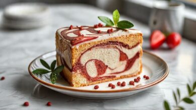 Bolo mármore caseiro marmorizado com ganache cremosa por cima, servido em prato elegante e fatia cortada mostrando o contraste das massas