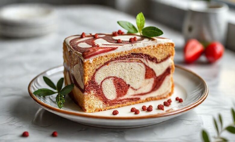 Bolo mármore caseiro marmorizado com ganache cremosa por cima, servido em prato elegante e fatia cortada mostrando o contraste das massas