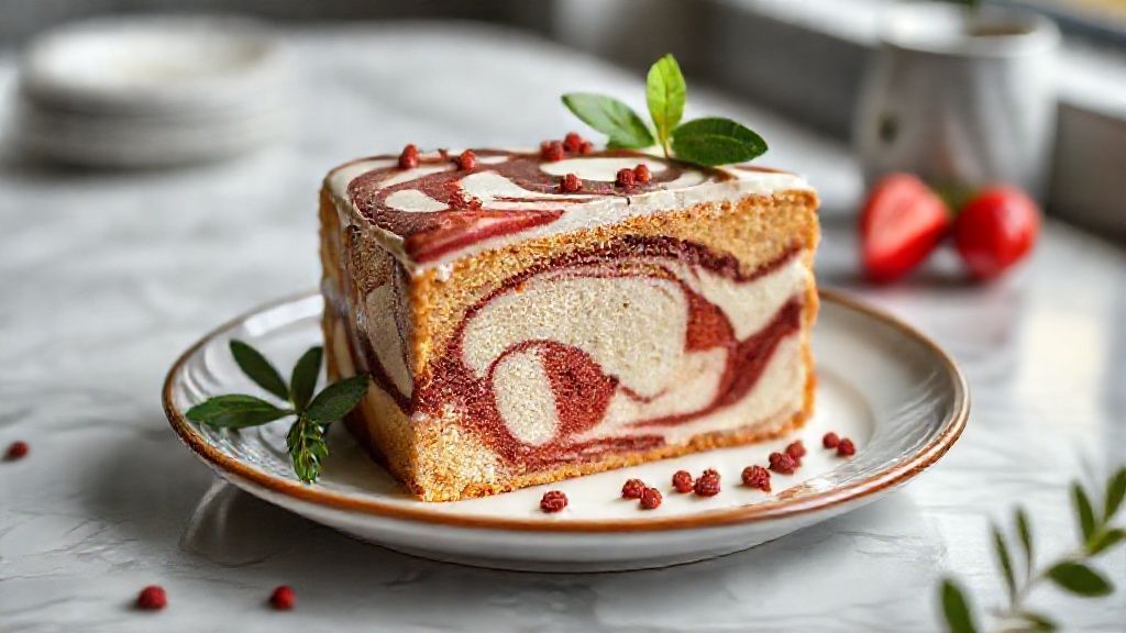 Bolo mármore caseiro com ganache cremosa de chocolate, macio e marmorizado, pronto para servir