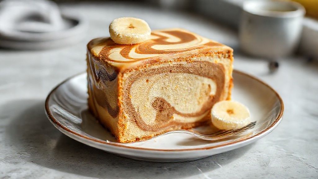 Bolo mesclado com banana e doce de leite dourado, marmorizado e fofinho servido em prato branco