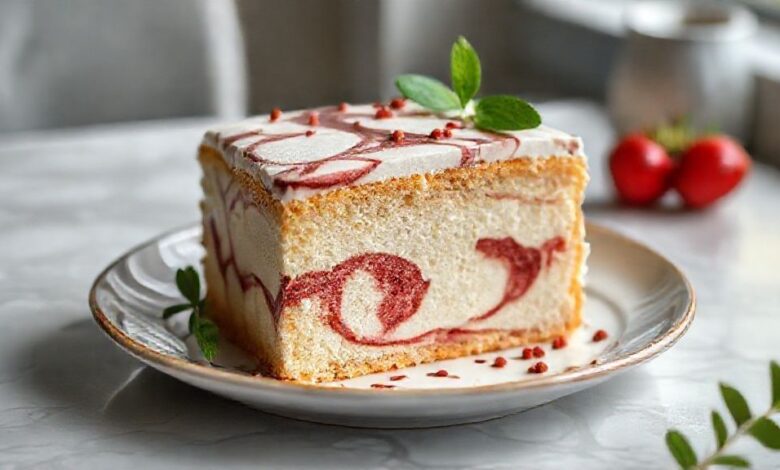 Bolo mesclado fofinho pronto, com efeito marmorizado e textura leve, servido em fatias sobre prato branco.