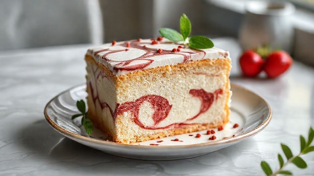 Bolo mesclado fofinho com efeito marmorizado de baunilha e chocolate servido em fatias macias e douradas