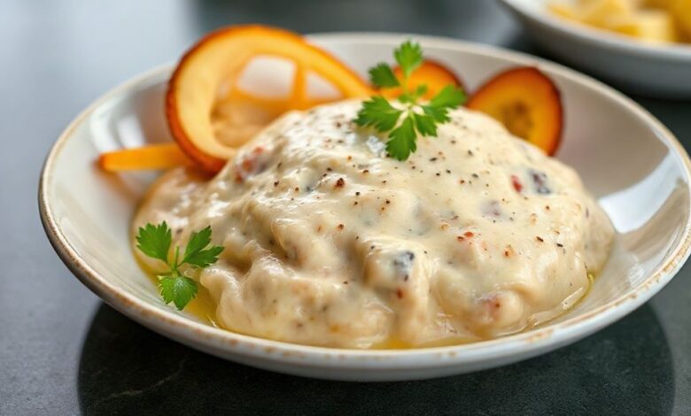 Bolo dourado e cremoso com cobertura de coco ralado, servido em prato branco e decorado com calda suave