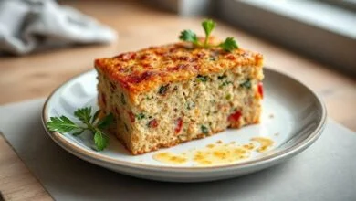 Bolo salgado dourado cortado em quadrados, mostrando o recheio colorido de legumes e presunto, servido com salada e suco natural