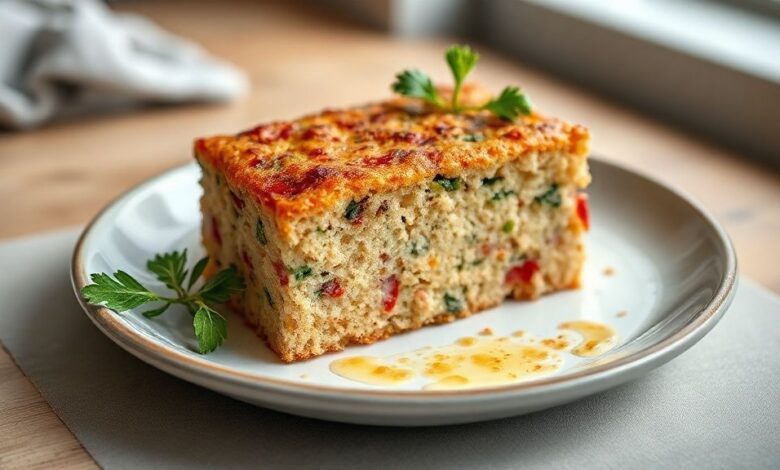 Bolo salgado dourado cortado em quadrados, mostrando o recheio colorido de legumes e presunto, servido com salada e suco natural
