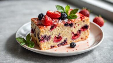 Bolo saudável de frutas vermelhas sem farinha, dourado, úmido e coberto com calda de frutas frescas