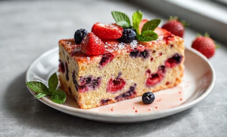 Bolo saudável de frutas vermelhas sem farinha, dourado, úmido e coberto com calda de frutas frescas