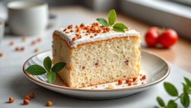 Bolo dourado e leve sobre prato branco, com fatia cortada mostrando interior macio e textura fofa, decorado com raspas sutis