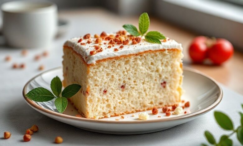 Bolo dourado e leve sobre prato branco, com fatia cortada mostrando interior macio e textura fofa, decorado com raspas sutis