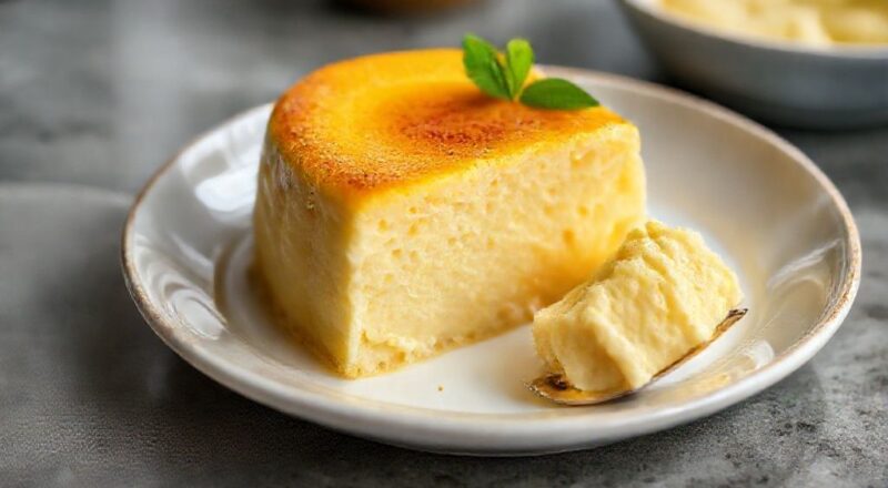 Bolo segura marido cremoso e dourado, servido fatiado em prato branco, com textura aveludada e aparência irresistível