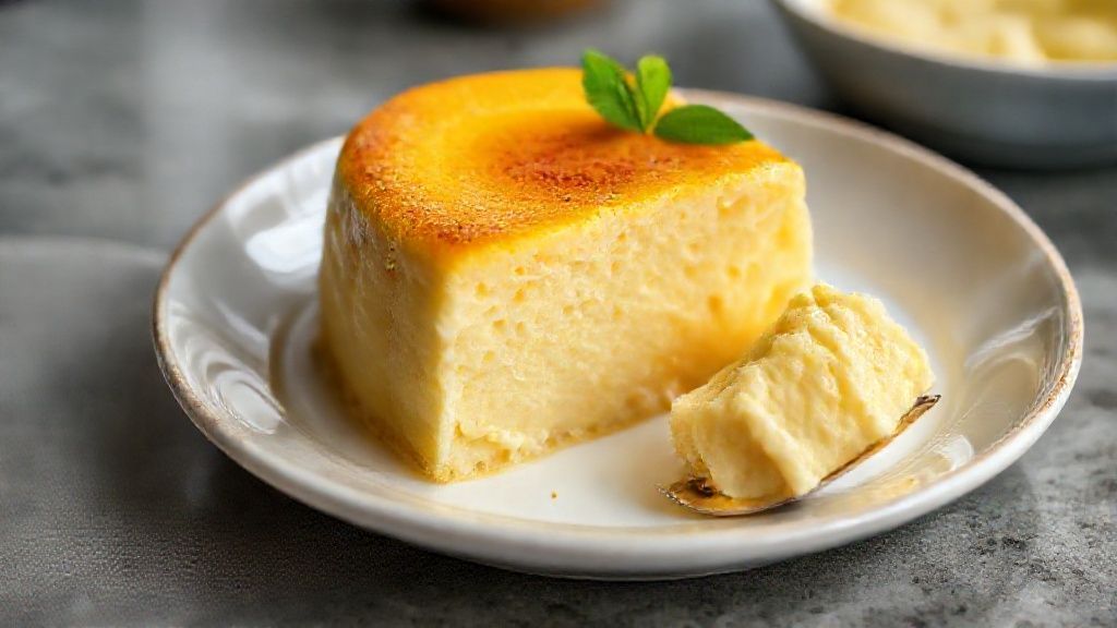 Bolo segura marido cremoso dourado, com textura entre pudim e bolo, servido em pedaços em prato branco