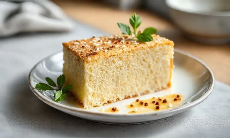 Bolo dourado e leve, com textura fofinha e cobertura fina, servido sobre um prato branco com fundo rústico