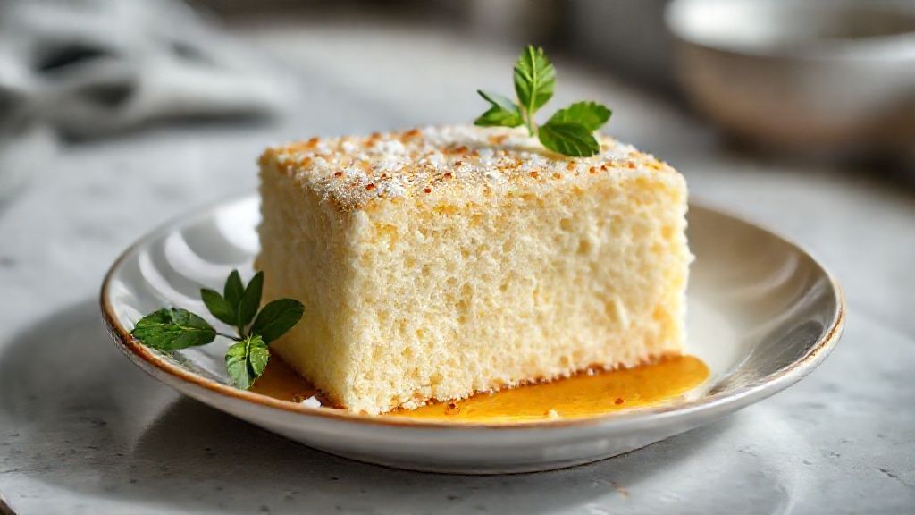 Bolo simples com maisena fofinho dourado e macio, polvilhado com açúcar de confeiteiro, pronto para servir no café da tarde
