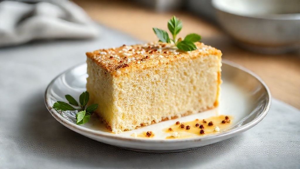 Bolo simples com maisena dourado, fofo e caseiro servido em prato branco, ideal para o café da tarde