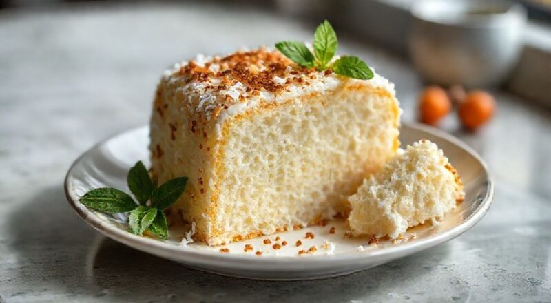 Bolo toalha felpuda gelado, coberto com coco ralado e calda cremosa, servido em um prato branco com fundo tropical e luz suave.