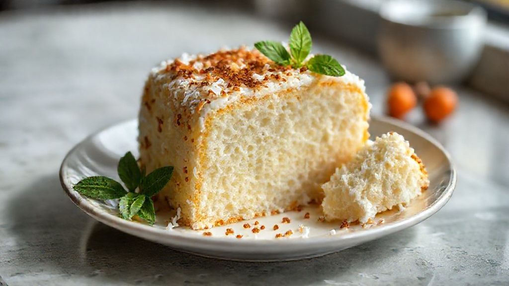 Bolo toalha felpuda com calda cremosa de coco servido em fatia, úmido e brilhante, decorado com coco ralado por cima.