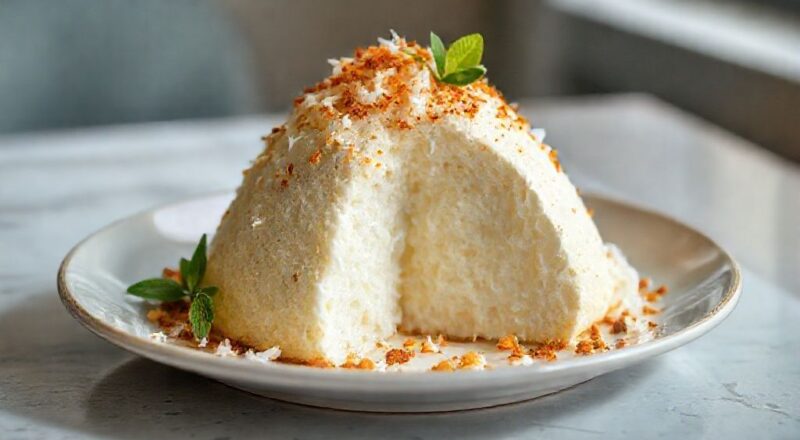 Bolo de coco dourado e fofinho com calda cremosa escorrendo pelo topo, servido em prato elegante e iluminado por luz natural