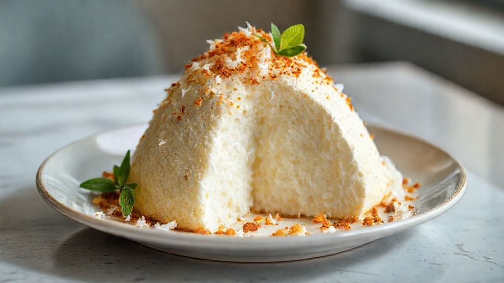 Bolo vulcão de coco cremoso e fofinho com calda escorrendo e textura macia, sobremesa deliciosa e tropical