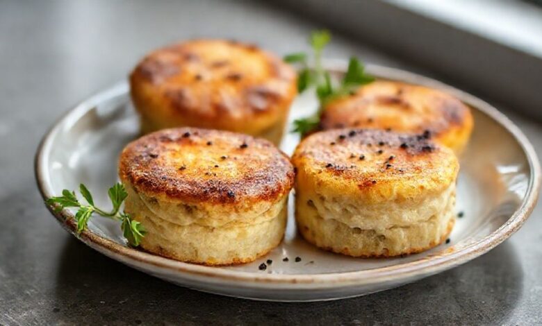 Bolo salgado dourado cortado em fatias, com recheio de presunto e queijo, servido em tábua rústica e decorado com ervas frescas