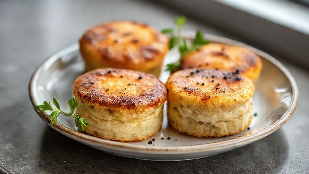 Bolo salgado dourado cortado em fatias, com recheio de presunto e queijo, servido em tábua rústica e decorado com ervas frescas