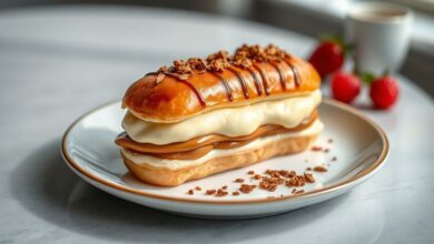 Bombas douradas com cobertura espelhada e recheio de doce de leite cremoso, dispostas em um prato elegante