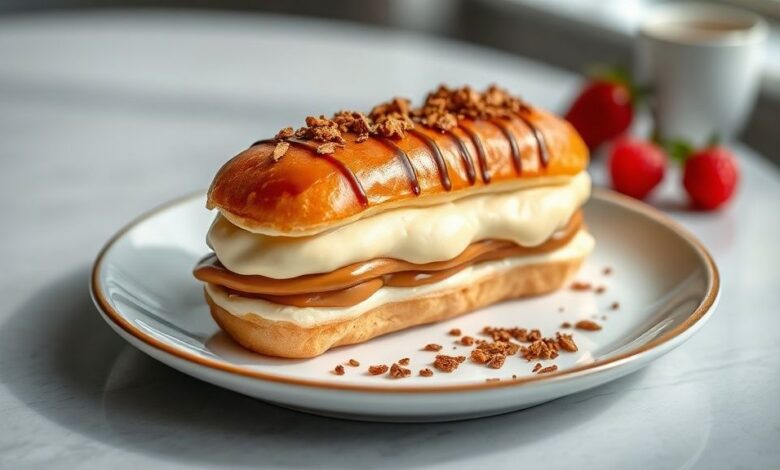 Bombas douradas com cobertura espelhada e recheio de doce de leite cremoso, dispostas em um prato elegante