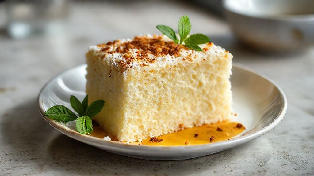 Bombocado de mandioca com coco dourado e cremoso servido em quadradinhos sobre prato branco