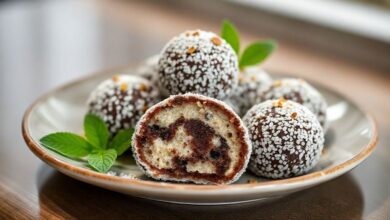 Prato com brigadeiros enrolados e cobertos com granulado, brilhantes e bem apresentados