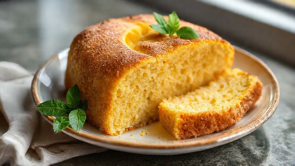 Broa de fubá de liquidificador dourada e macia, servida no prato, com casquinha crocante e aparência caseira