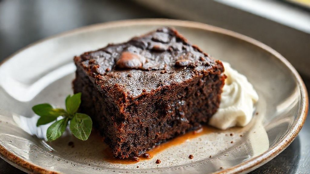 Brownie cremoso de frigideira servido quente com sorvete e calda, destacando sua textura úmida e brilho de chocolate derretido.