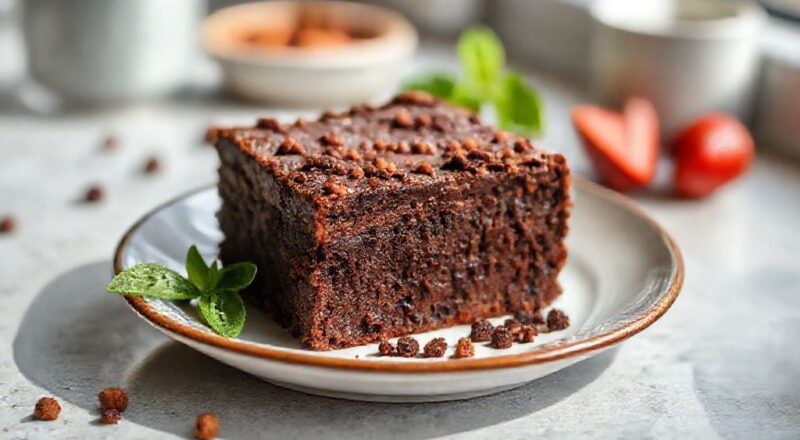 Brownie sem açúcar úmido e cremoso, servido quente em um prato com pedaços de chocolate derretido