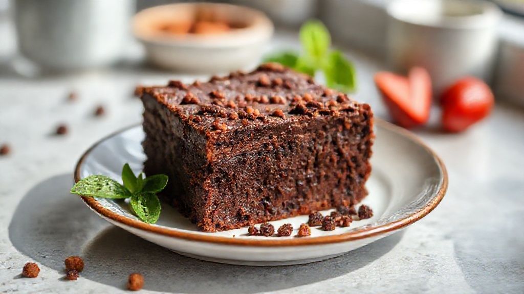 Brownie sem açúcar de micro-ondas servido em prato branco, úmido e com pedaços de chocolate