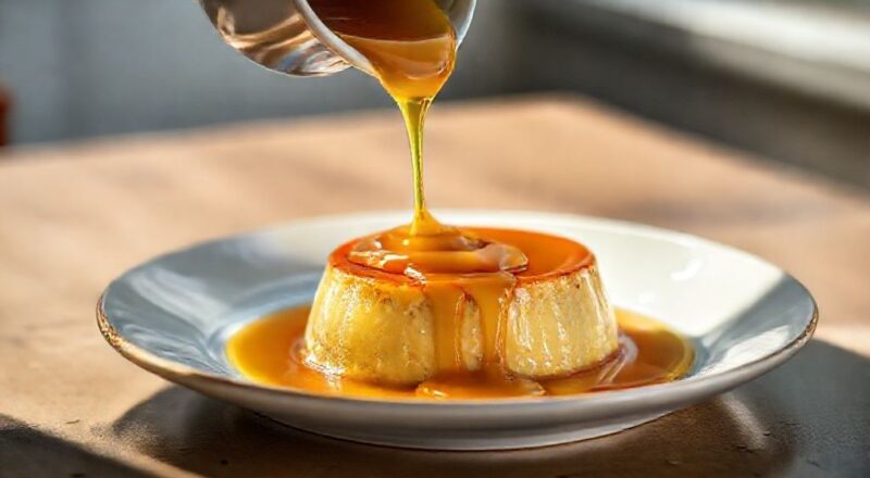 Calda de caramelo dourada e brilhante sendo despejada sobre um pudim, com textura lisa e aparência tentadora