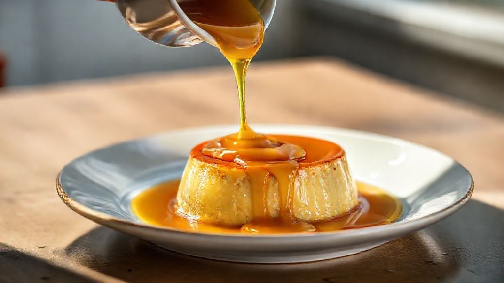 Calda de caramelo dourada brilhante e lisa sendo derramada sobre pudim cremoso