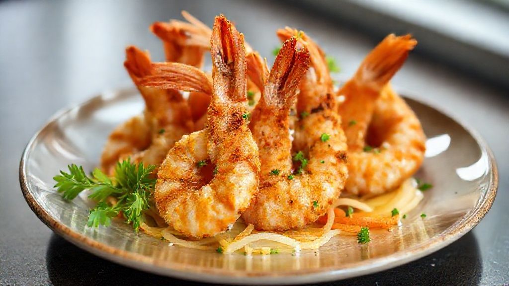 Camarão no forno simples e crocante dourado com farinha panko, servido em prato elegantemente decorado