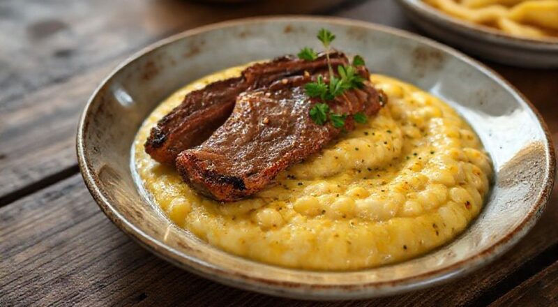 Canjiquinha cremosa com costelinha dourada, servida em tigela rústica com couve e guarnições típicas mineiras