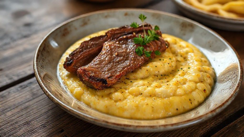Prato de canjiquinha mineira com costelinha suculenta, cremosa e dourada, servido à moda caseira de Minas Gerais