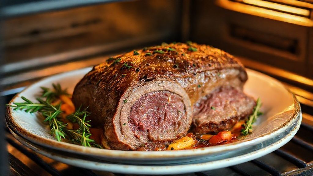Carne assada recheada no forno fatiada e suculenta servida com legumes dourados