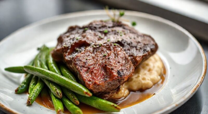 Prato de carne com vagem pronto, suculento e colorido, servido em tigela de cerâmica com arroz e farofa ao fundo