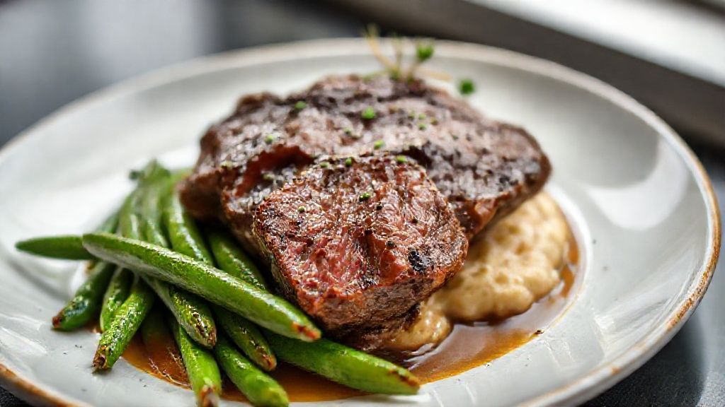 Prato de carne com vagem simples e saborosa servido com arroz branco, apresentando cores vibrantes e textura suculenta