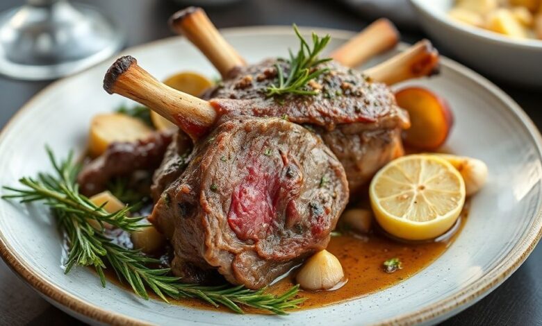 Pernil de cordeiro assado, dourado e suculento, com ramos de alecrim e alho assado em uma travessa rústica