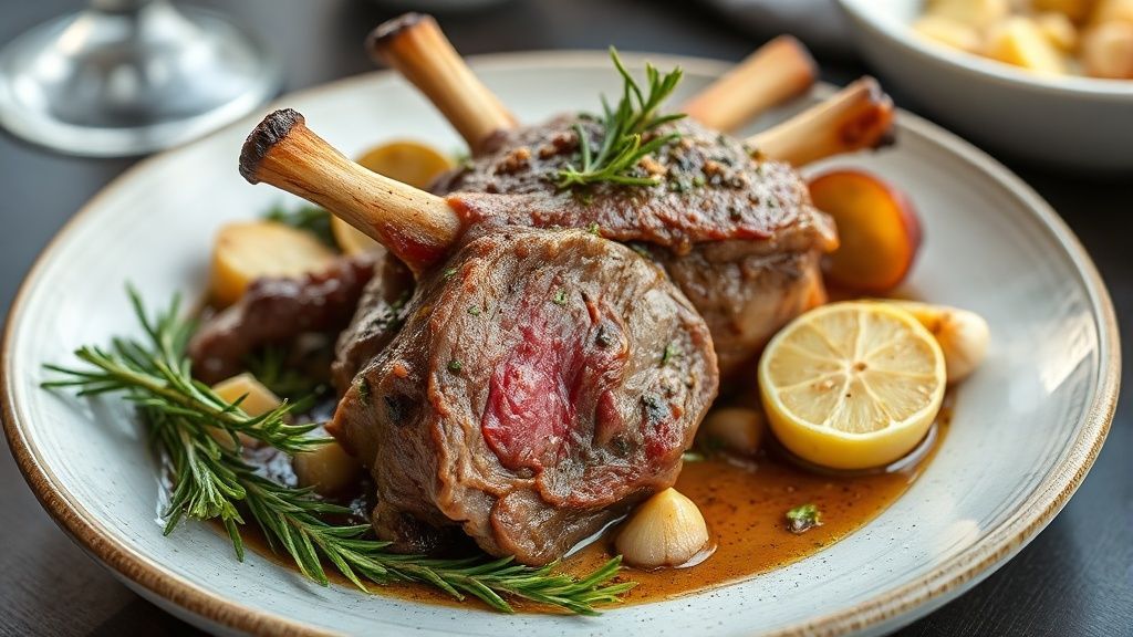 Pernil de cordeiro assado, dourado e suculento, com ramos de alecrim e alho assado em uma travessa rústica