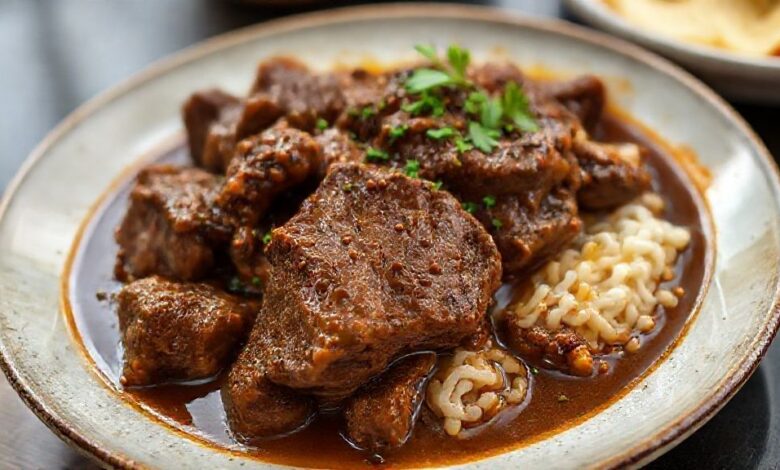 Prato de carne de panela com músculo servida em uma travessa com molho espesso, decorado com cheiro-verde e aparência suculenta