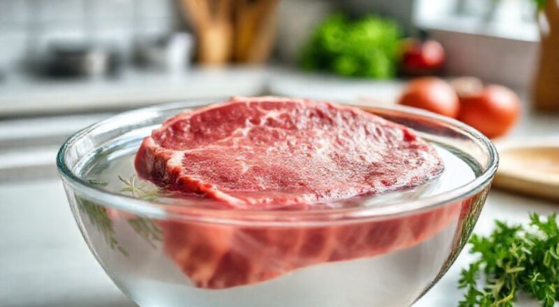 Peça de carne descongelada em tigela com água fria, fresca e suculenta, pronta para o preparo