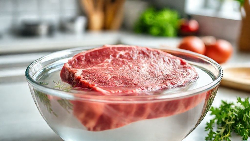 Carne descongelada com textura intacta em tigela de vidro, mostrando como descongelar carne sem micro-ondas corretamente