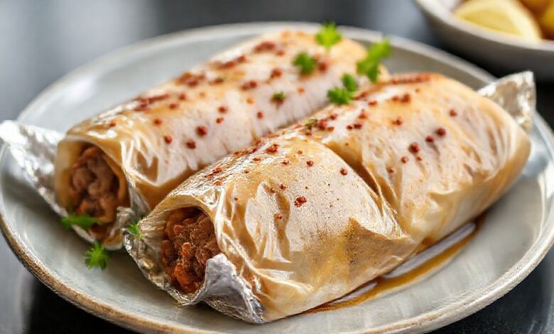 Prato de carne enrolada assada na airfryer, dourada por fora e suculenta por dentro, servida com legumes coloridos.