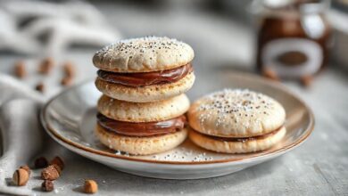 Casadinhos leite ninho com Nutella dispostos em uma bandeja, polvilhados com leite em pó e com recheio visível
